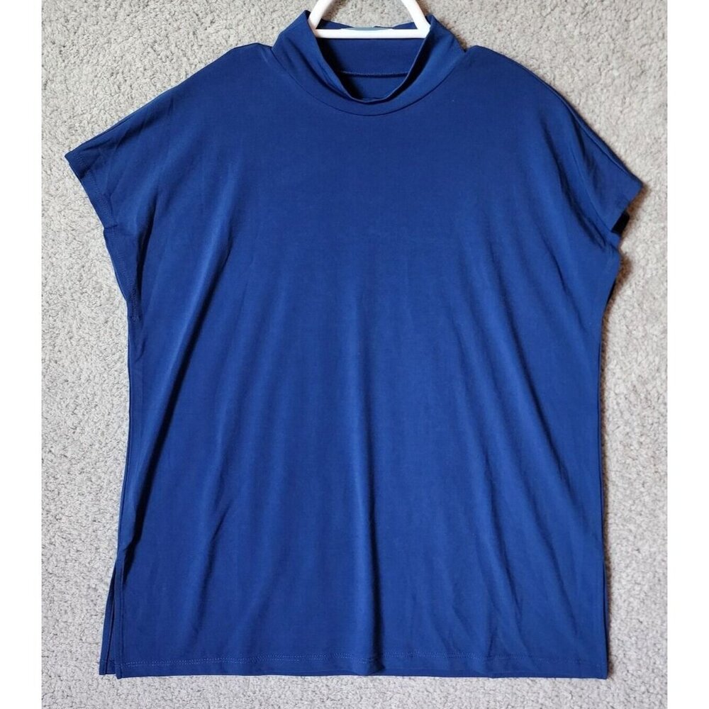 Susan Graver Modern Essentials Dolman Sleeve Mock Neck Top Liquid‎ Knit Blue MP